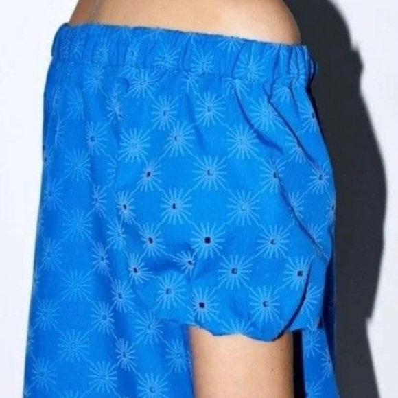 New Zara embroidered off-the-shoulder Eyelet short puff sleeve mini dress XS - Picture 2 of 11